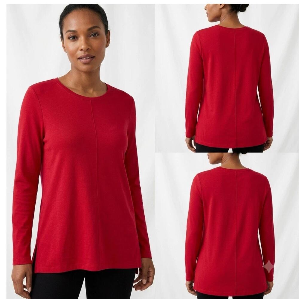J. Jill Women 100% Pima Cotton Red Long Sleeve Crew Neck High Low Tee Large Top